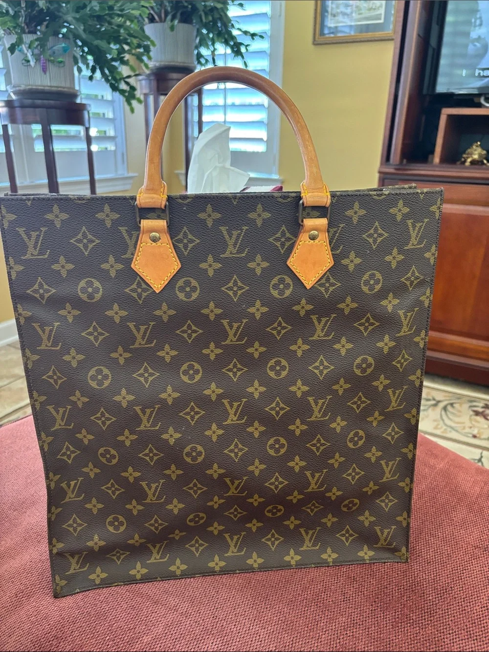 Authentic Louis Vuitton Brown Monogram Canvas Shopper with Tan Leather Handles